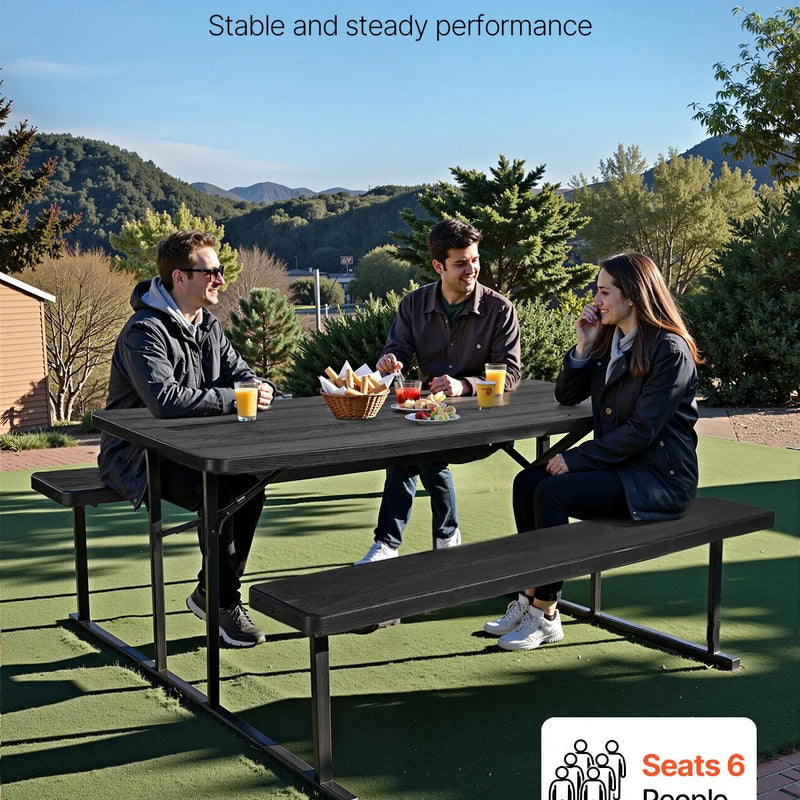 VEVOR saliekamais piknika galds, 6 pēdu tērauda āra galds ar soliņiem un saulessarga caurumu, liela izmēra dārza, terases un baseina ēdamgalds, melns