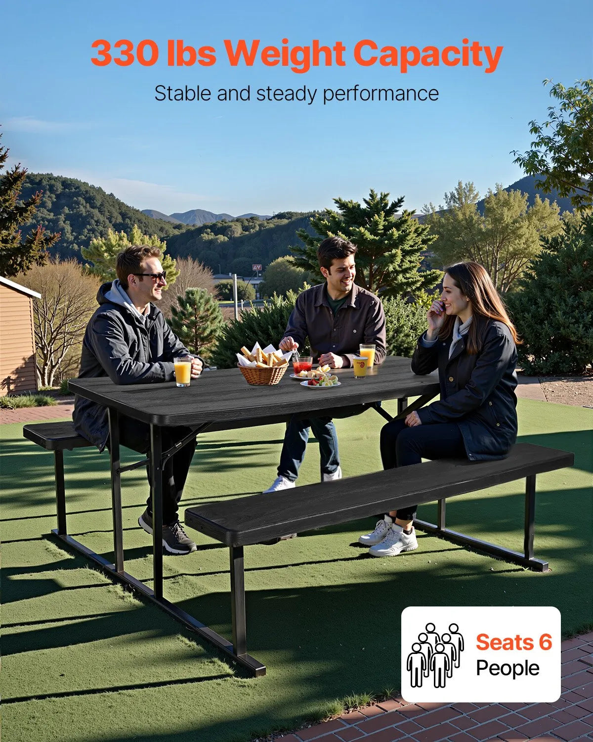 VEVOR Folding Picnic Table, 6 Feet Steel Outdoor Table with Benches and Umbrella Hole, Large Garden Patio and Pool Dining Table, Black