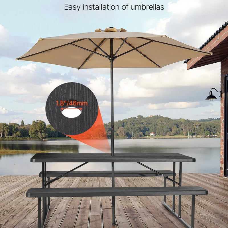 VEVOR saliekamais piknika galds, 6 pēdu tērauda āra galds ar soliņiem un saulessarga caurumu, liela izmēra dārza, terases un baseina ēdamgalds, melns