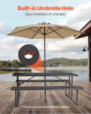 VEVOR saliekamais piknika galds, 6 pēdu tērauda āra galds ar soliņiem un saulessarga caurumu, liela izmēra dārza, terases un baseina ēdamgalds, melns