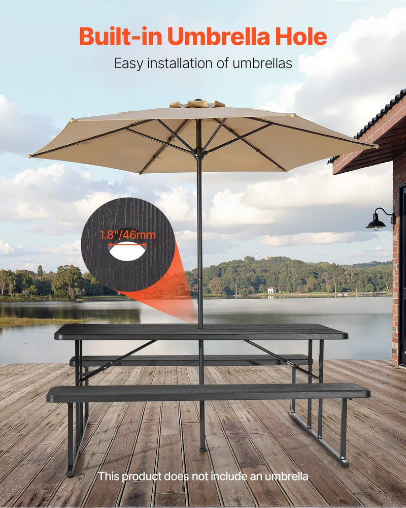 VEVOR saliekamais piknika galds, 6 pēdu tērauda āra galds ar soliņiem un saulessarga caurumu, liela izmēra dārza, terases un baseina ēdamgalds, melns
