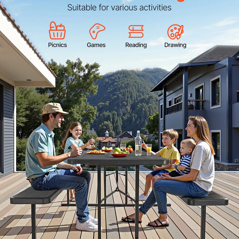 VEVOR saliekamais piknika galds, 6 pēdu tērauda āra galds ar soliņiem un saulessarga caurumu, liela izmēra dārza, terases un baseina ēdamgalds, melns