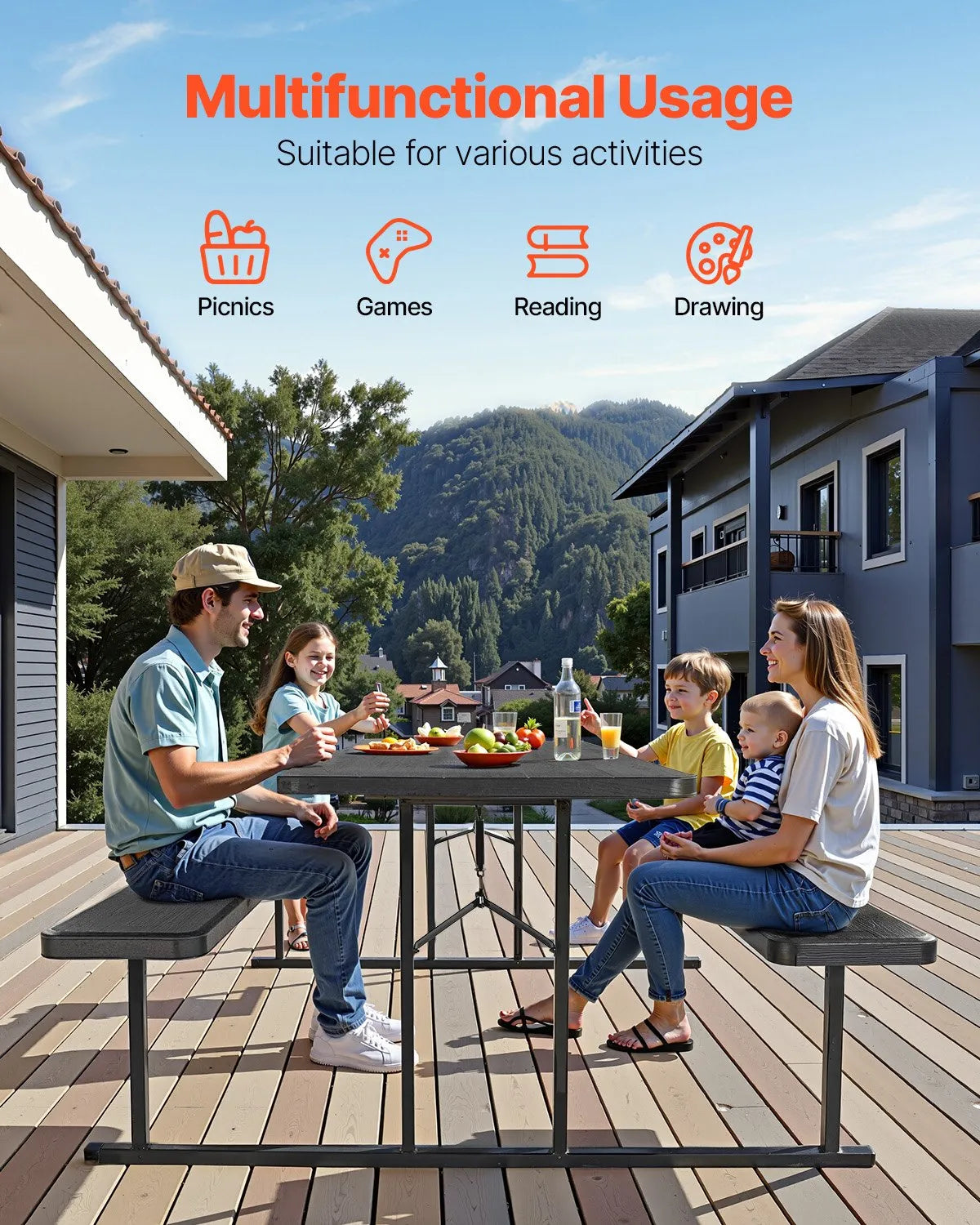 VEVOR Folding Picnic Table, 6 Feet Steel Outdoor Table with Benches and Umbrella Hole, Large Garden Patio and Pool Dining Table, Black