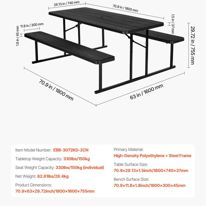 VEVOR saliekamais piknika galds, 6 pēdu tērauda āra galds ar soliņiem un saulessarga caurumu, liela izmēra dārza, terases un baseina ēdamgalds, melns