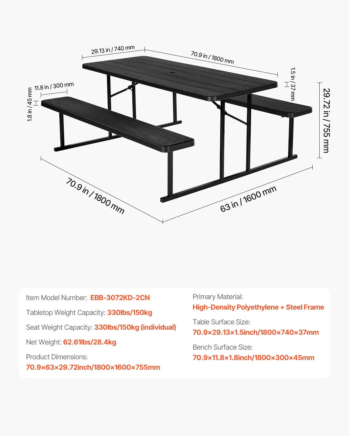 VEVOR Folding Picnic Table, 6 Feet Steel Outdoor Table with Benches and Umbrella Hole, Large Garden Patio and Pool Dining Table, Black