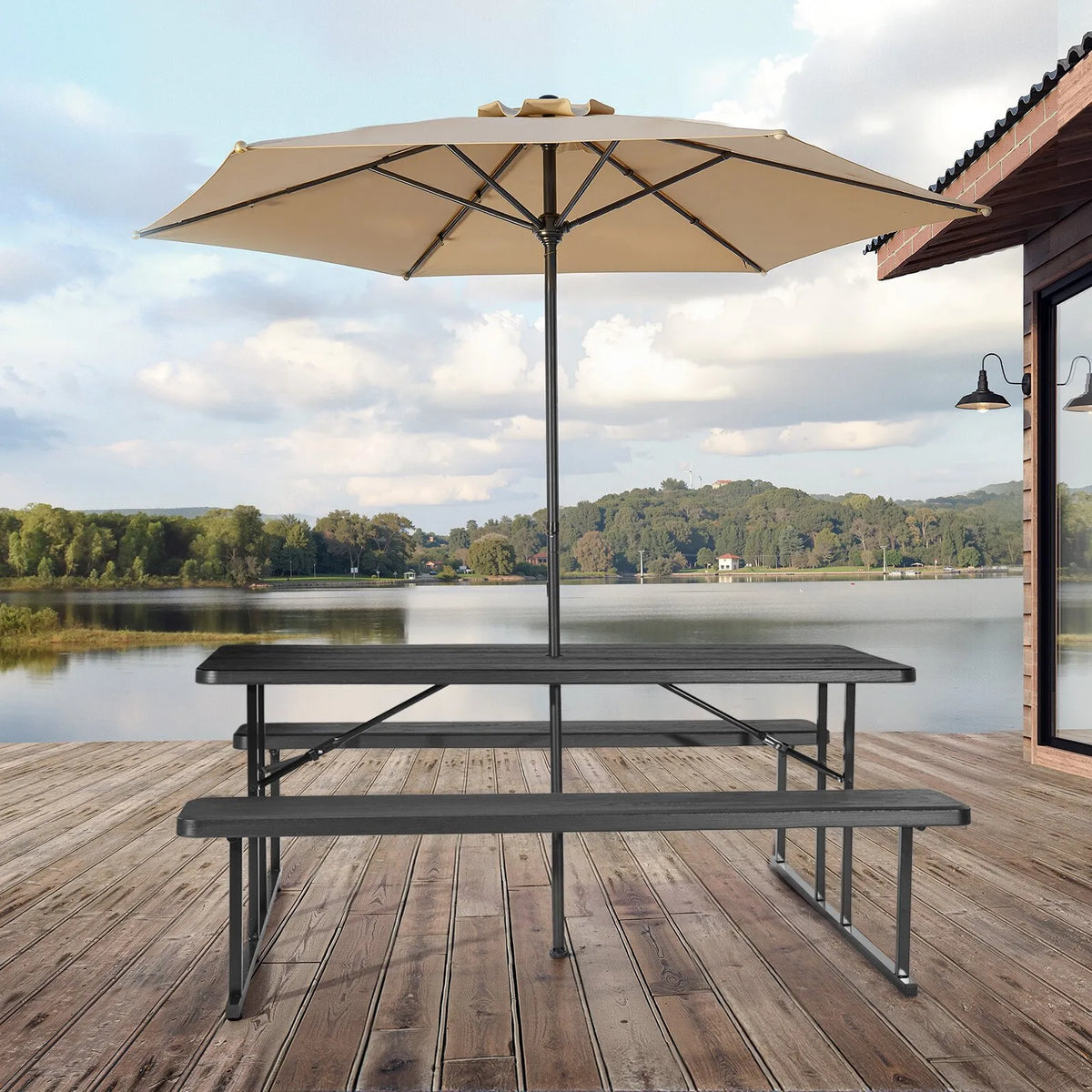 VEVOR Folding Picnic Table, 6 Feet Steel Outdoor Table with Benches and Umbrella Hole, Large Garden Patio and Pool Dining Table, Black