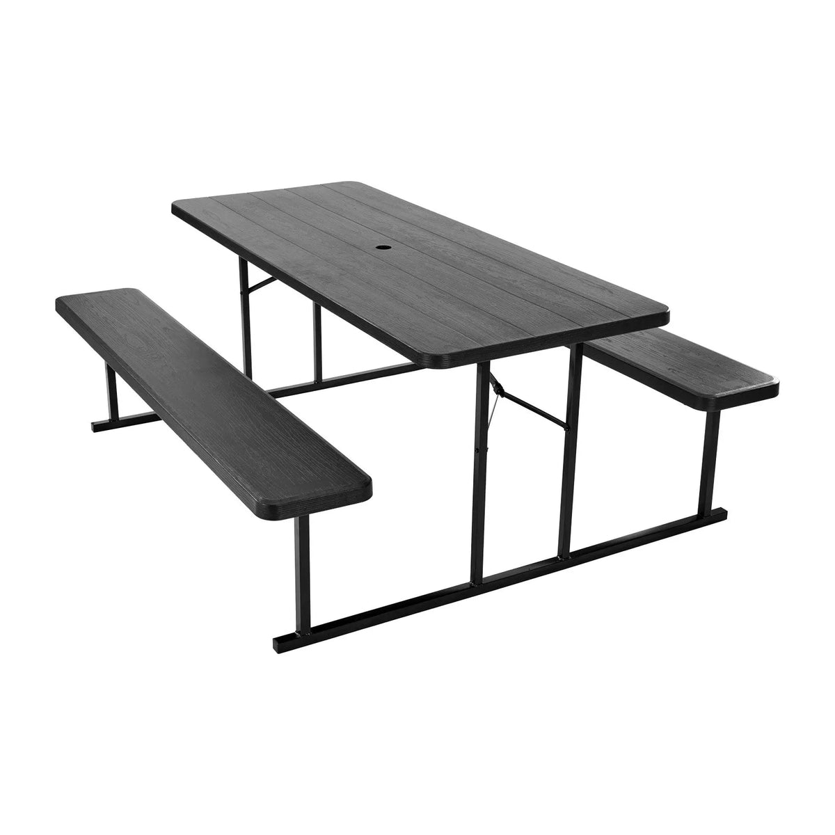 VEVOR Folding Picnic Table, 6 Feet Steel Outdoor Table with Benches and Umbrella Hole, Large Garden Patio and Pool Dining Table, Black