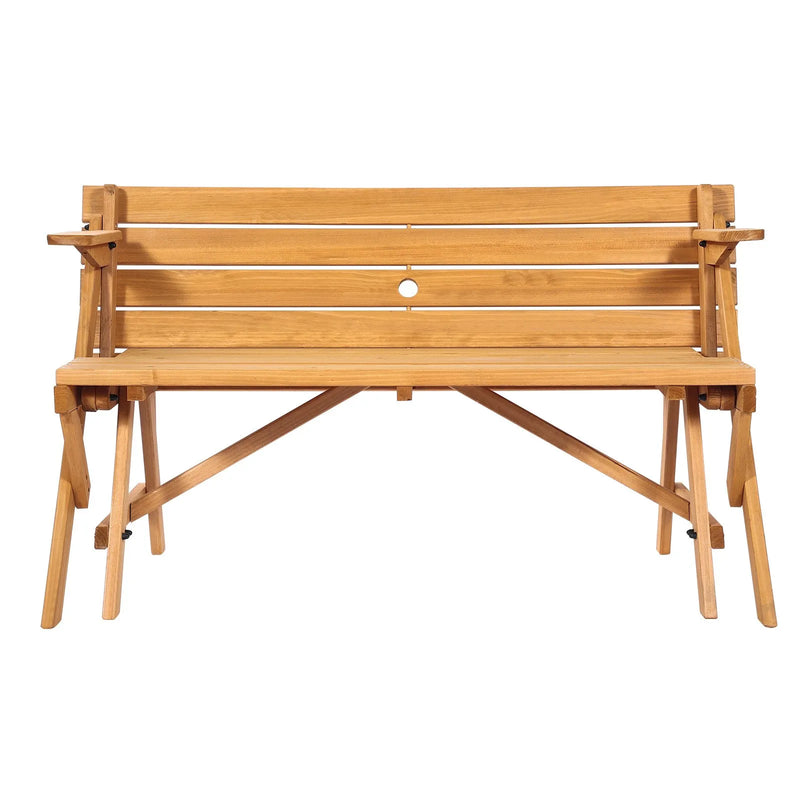 VEVOR 2 vienā saliekamais koka āra galds ar soliem, pārveidojams piknika galda komplekts ar saulessarga atveri, dārza un terases mēbele, brūns