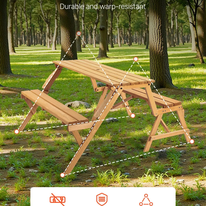 VEVOR 2 vienā saliekamais koka āra galds ar soliem, pārveidojams piknika galda komplekts ar saulessarga atveri, dārza un terases mēbele, brūns