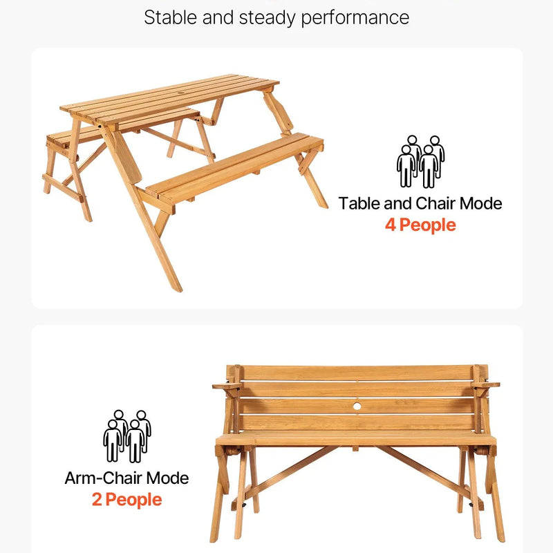 VEVOR 2 vienā saliekamais koka āra galds ar soliem, pārveidojams piknika galda komplekts ar saulessarga atveri, dārza un terases mēbele, brūns
