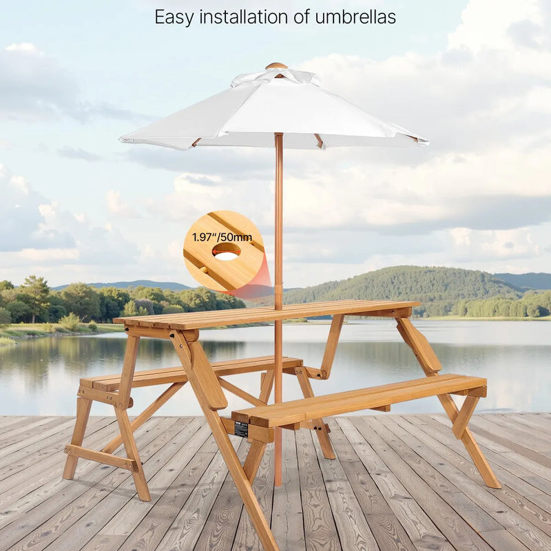 VEVOR 2 vienā saliekamais koka āra galds ar soliem, pārveidojams piknika galda komplekts ar saulessarga atveri, dārza un terases mēbele, brūns