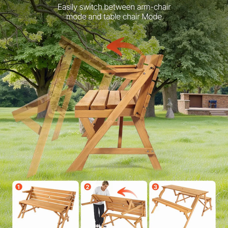 VEVOR 2 vienā saliekamais koka āra galds ar soliem, pārveidojams piknika galda komplekts ar saulessarga atveri, dārza un terases mēbele, brūns