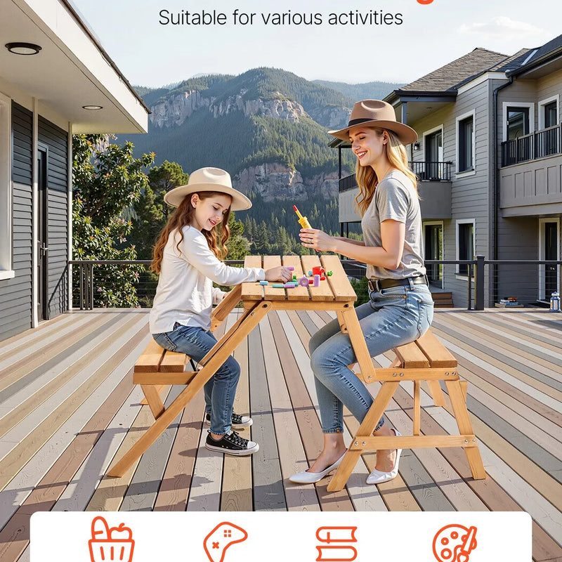 VEVOR 2 vienā saliekamais koka āra galds ar soliem, pārveidojams piknika galda komplekts ar saulessarga atveri, dārza un terases mēbele, brūns