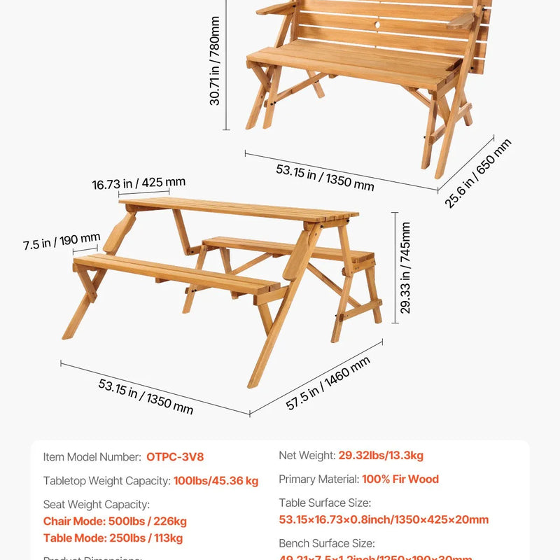 VEVOR 2 vienā saliekamais koka āra galds ar soliem, pārveidojams piknika galda komplekts ar saulessarga atveri, dārza un terases mēbele, brūns