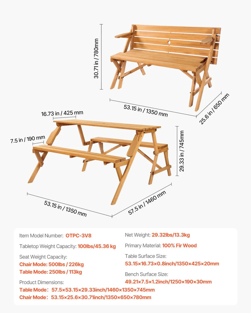 VEVOR 2 vienā saliekamais koka āra galds ar soliem, pārveidojams piknika galda komplekts ar saulessarga atveri, dārza un terases mēbele, brūns