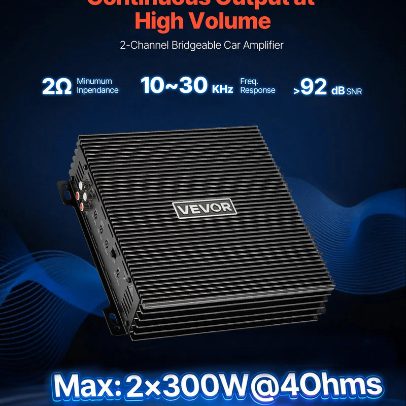 VEVOR 2 kanālu automašīnas audio pastiprinātājs, tiltojams pilna diapazona Class AB stereo pastiprinātājs ar maksimālo jaudu 2 × 300 W pie 4 Ω / 2 × 600 W pie 2 Ω, augstas jaudas auto pastiprinātājs SUV, pikapiem un bezceļu transportlīdzekļiem - ZEMLETES.LV