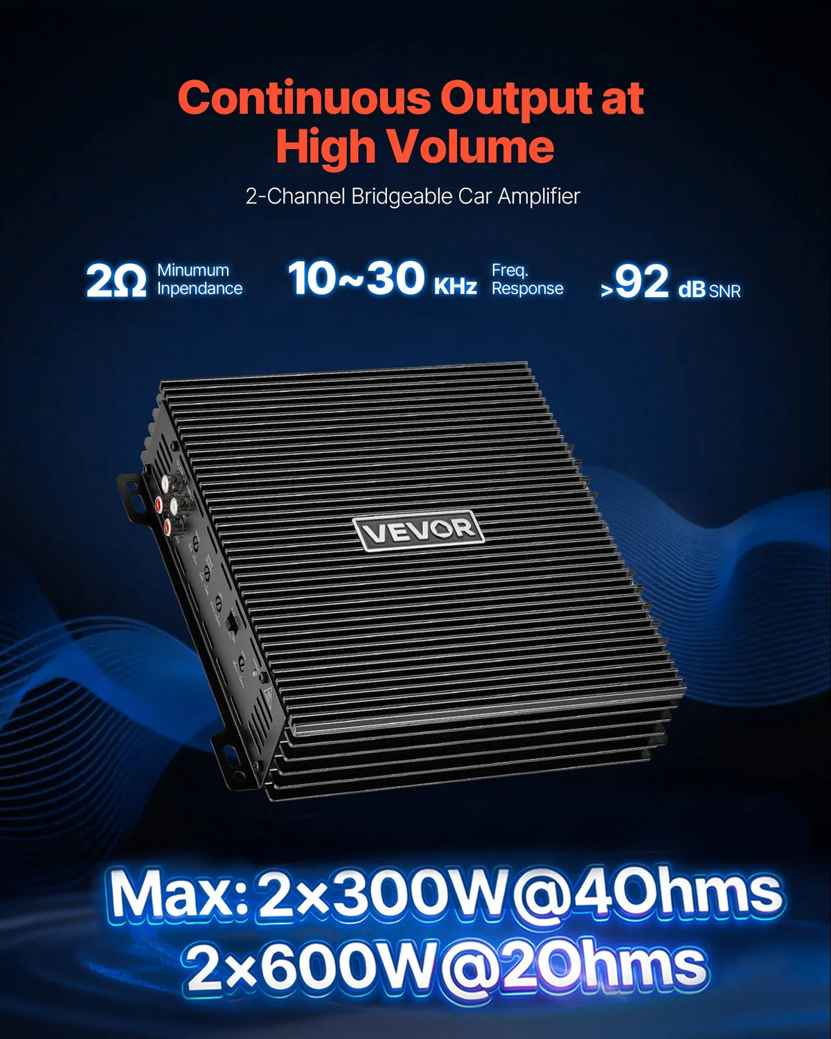 VEVOR 2 kanālu automašīnas audio pastiprinātājs, tiltojams pilna diapazona Class AB stereo pastiprinātājs ar maksimālo jaudu 2 × 300 W pie 4 Ω / 2 × 600 W pie 2 Ω, augstas jaudas auto pastiprinātājs SUV, pikapiem un bezceļu transportlīdzekļiem - ZEMLETES.LV