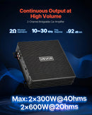 VEVOR 2 kanālu automašīnas audio pastiprinātājs, tiltojams pilna diapazona Class AB stereo pastiprinātājs ar maksimālo jaudu 2 × 300 W pie 4 Ω / 2 × 600 W pie 2 Ω, augstas jaudas auto pastiprinātājs SUV, pikapiem un bezceļu transportlīdzekļiem - ZEMLETES.LV