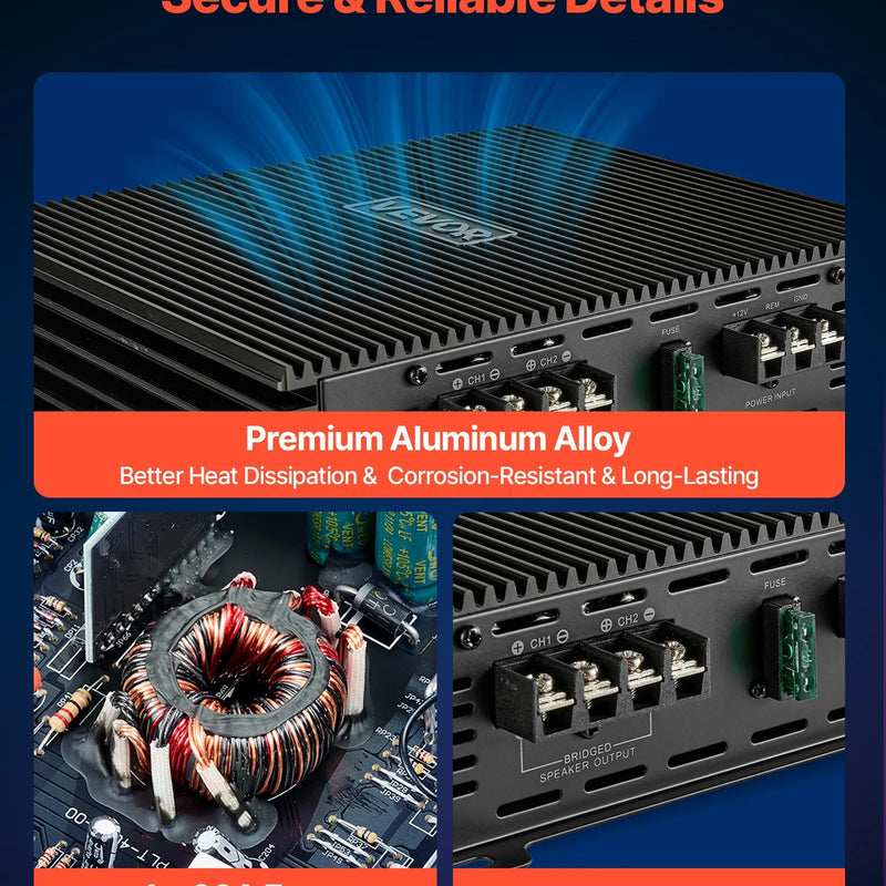 VEVOR 2 kanālu automašīnas audio pastiprinātājs, tiltojams pilna diapazona Class AB stereo pastiprinātājs ar maksimālo jaudu 2 × 300 W pie 4 Ω / 2 × 600 W pie 2 Ω, augstas jaudas auto pastiprinātājs SUV, pikapiem un bezceļu transportlīdzekļiem - ZEMLETES.LV