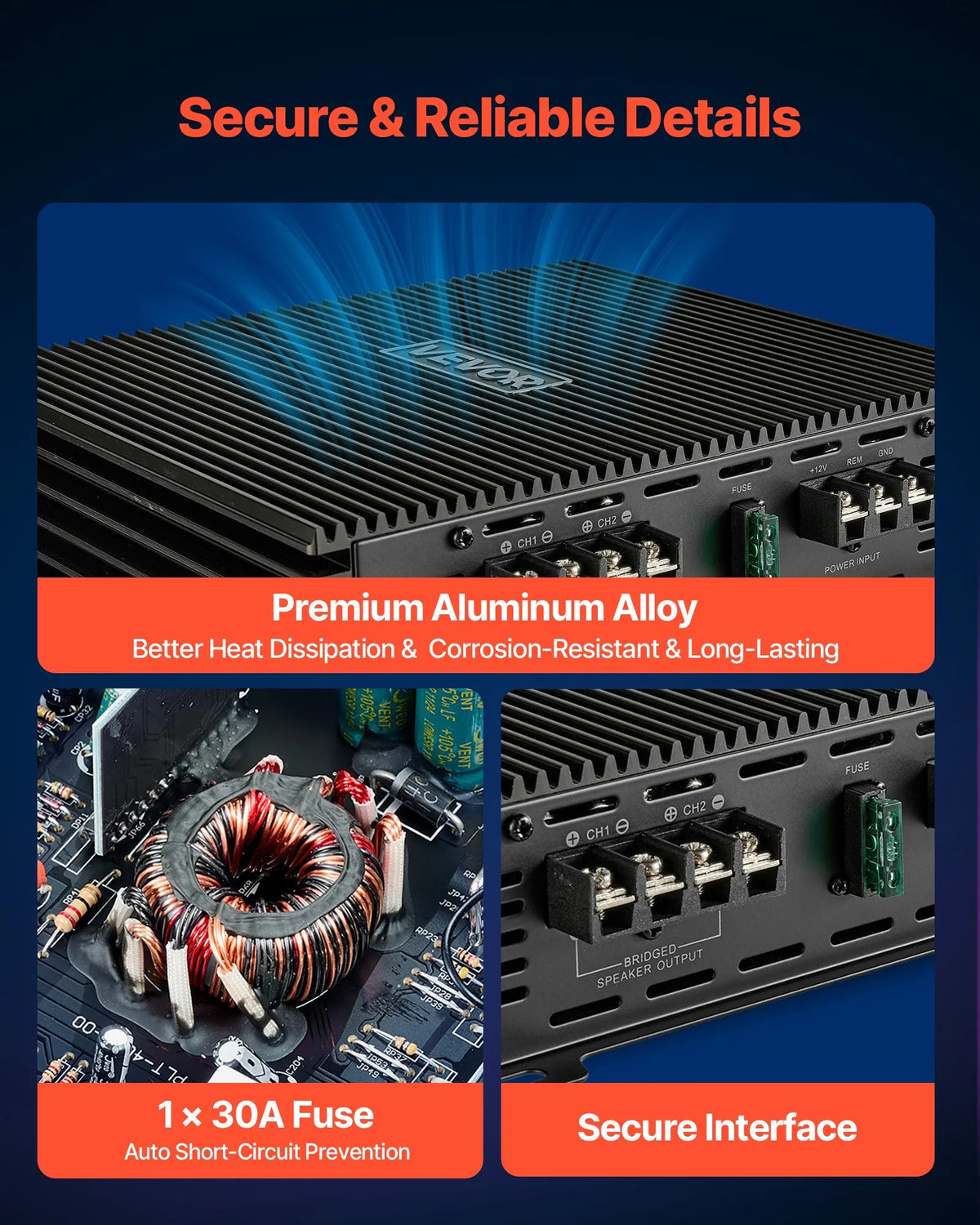 VEVOR 2 kanālu automašīnas audio pastiprinātājs, tiltojams pilna diapazona Class AB stereo pastiprinātājs ar maksimālo jaudu 2 × 300 W pie 4 Ω / 2 × 600 W pie 2 Ω, augstas jaudas auto pastiprinātājs SUV, pikapiem un bezceļu transportlīdzekļiem - ZEMLETES.LV