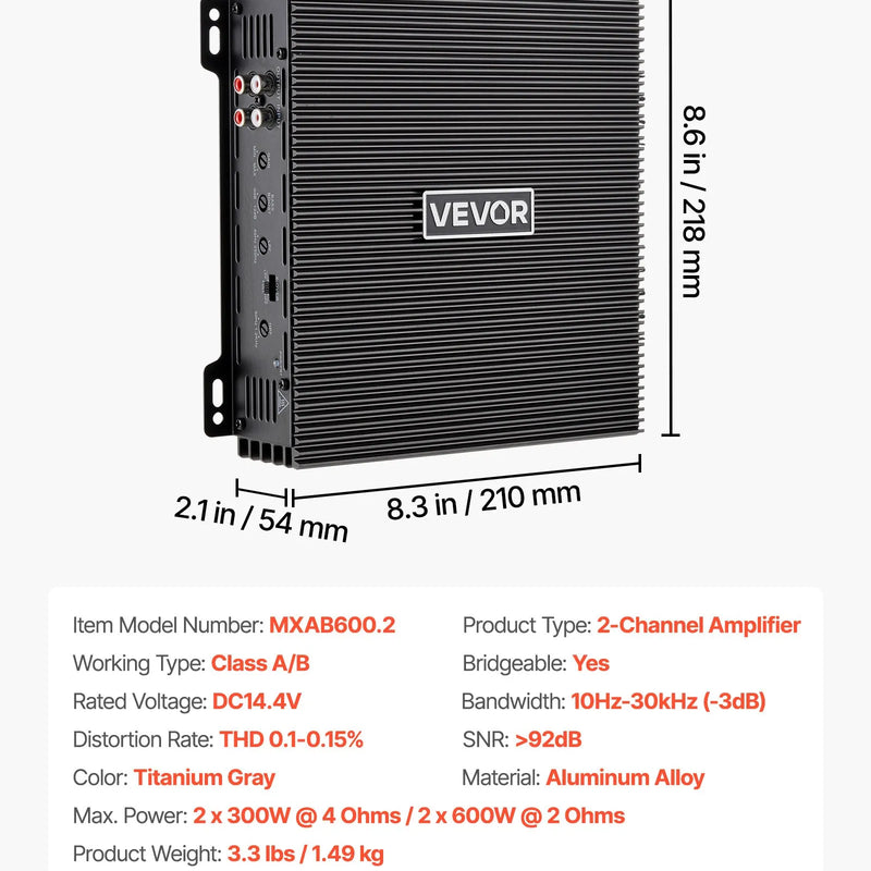 VEVOR 2 kanālu automašīnas audio pastiprinātājs, tiltojams pilna diapazona Class AB stereo pastiprinātājs ar maksimālo jaudu 2 × 300 W pie 4 Ω / 2 × 600 W pie 2 Ω, augstas jaudas auto pastiprinātājs SUV, pikapiem un bezceļu transportlīdzekļiem - ZEMLETES.LV