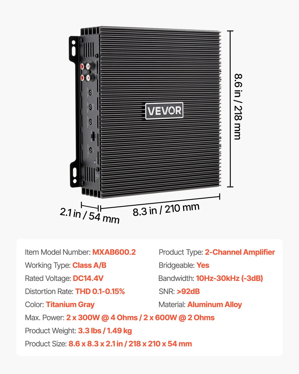 VEVOR 2 kanālu automašīnas audio pastiprinātājs, tiltojams pilna diapazona Class AB stereo pastiprinātājs ar maksimālo jaudu 2 × 300 W pie 4 Ω / 2 × 600 W pie 2 Ω, augstas jaudas auto pastiprinātājs SUV, pikapiem un bezceļu transportlīdzekļiem - ZEMLETES.LV