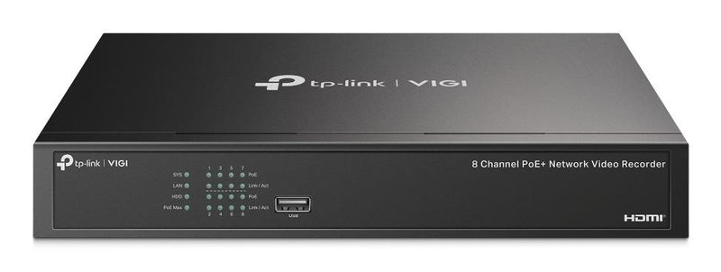 TP-Link VIGI NVR1008H-8P 8 kanālu tīkla videoreģistrators ar 8 PoE+ pieslēgvietām, 4K HDMI, līdz 8 MP, 1 SATA, līdz 16 TB