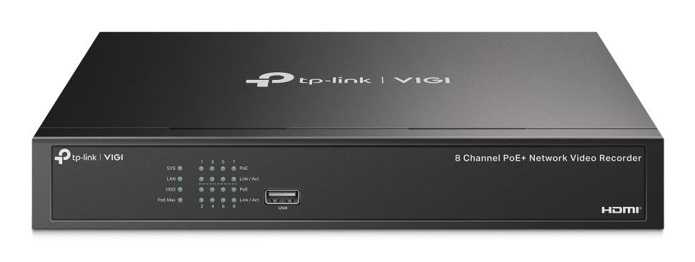 TP-Link VIGI NVR1008H-8P 8-channel network video recorder with 8 PoE+ ports, 4K HDMI, up to 8 MP, 1 SATA, up to 16 TB