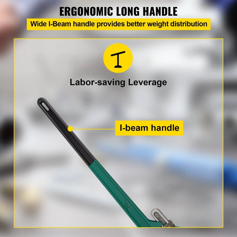 900 mm alumīnija taisnā cauruļu atslēga, regulējama, piemērota 2"–3,5" caurulēm, smagā tipa, 127 mm žokļa atvērums