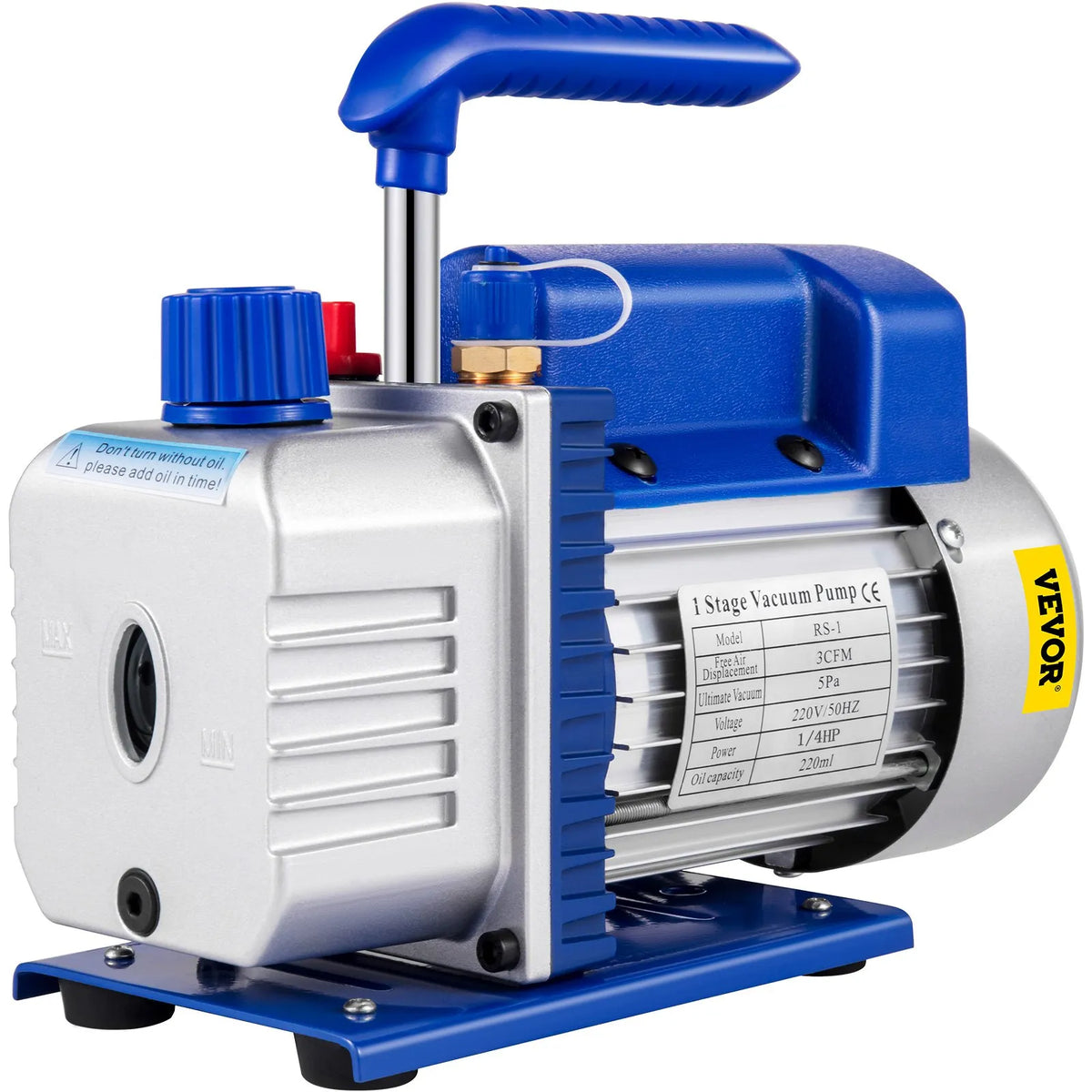 VEVOR Single-Stage Vacuum Pump 183 l/min (3 CFM), 246 W (1/3 HP) at 1440 RPM, Suitable for Evacuation and Refrigerants R12, R22 and R134a