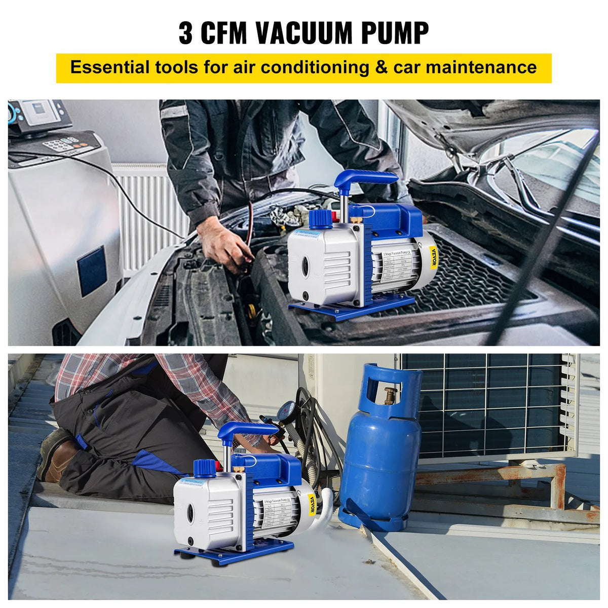 VEVOR Single-Stage Vacuum Pump 183 l/min (3 CFM), 246 W (1/3 HP) at 1440 RPM, Suitable for Evacuation and Refrigerants R12, R22 and R134a