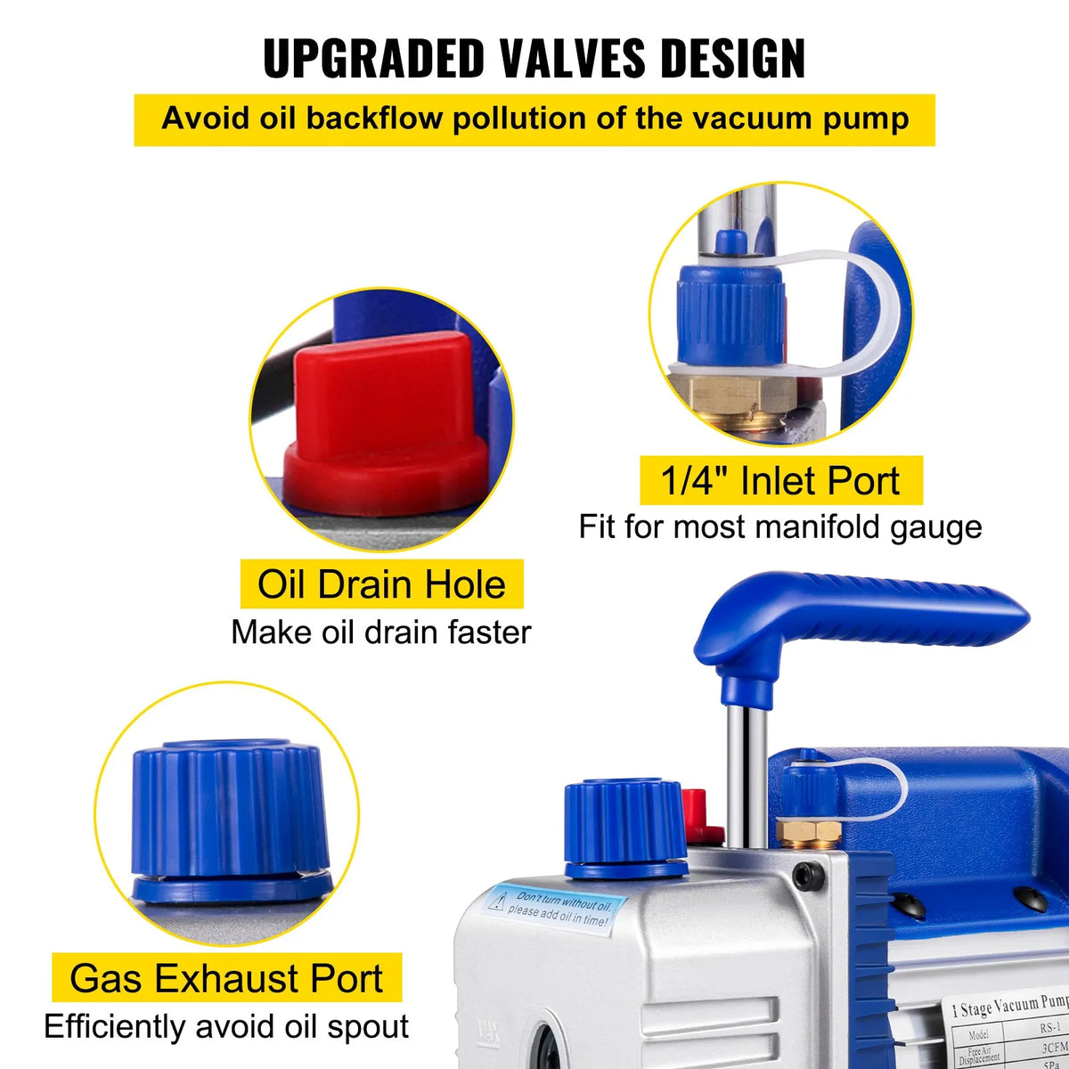 VEVOR Single-Stage Vacuum Pump 183 l/min (3 CFM), 246 W (1/3 HP) at 1440 RPM, Suitable for Evacuation and Refrigerants R12, R22 and R134a