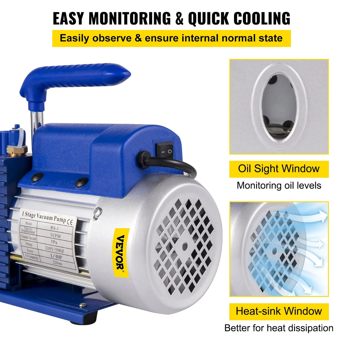 VEVOR Single-Stage Vacuum Pump 183 l/min (3 CFM), 246 W (1/3 HP) at 1440 RPM, Suitable for Evacuation and Refrigerants R12, R22 and R134a