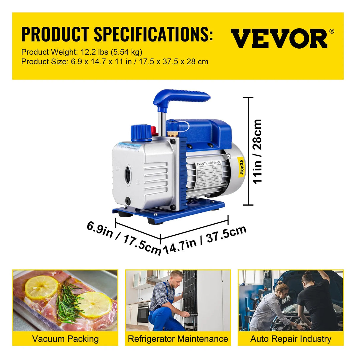 VEVOR Single-Stage Vacuum Pump 183 l/min (3 CFM), 246 W (1/3 HP) at 1440 RPM, Suitable for Evacuation and Refrigerants R12, R22 and R134a