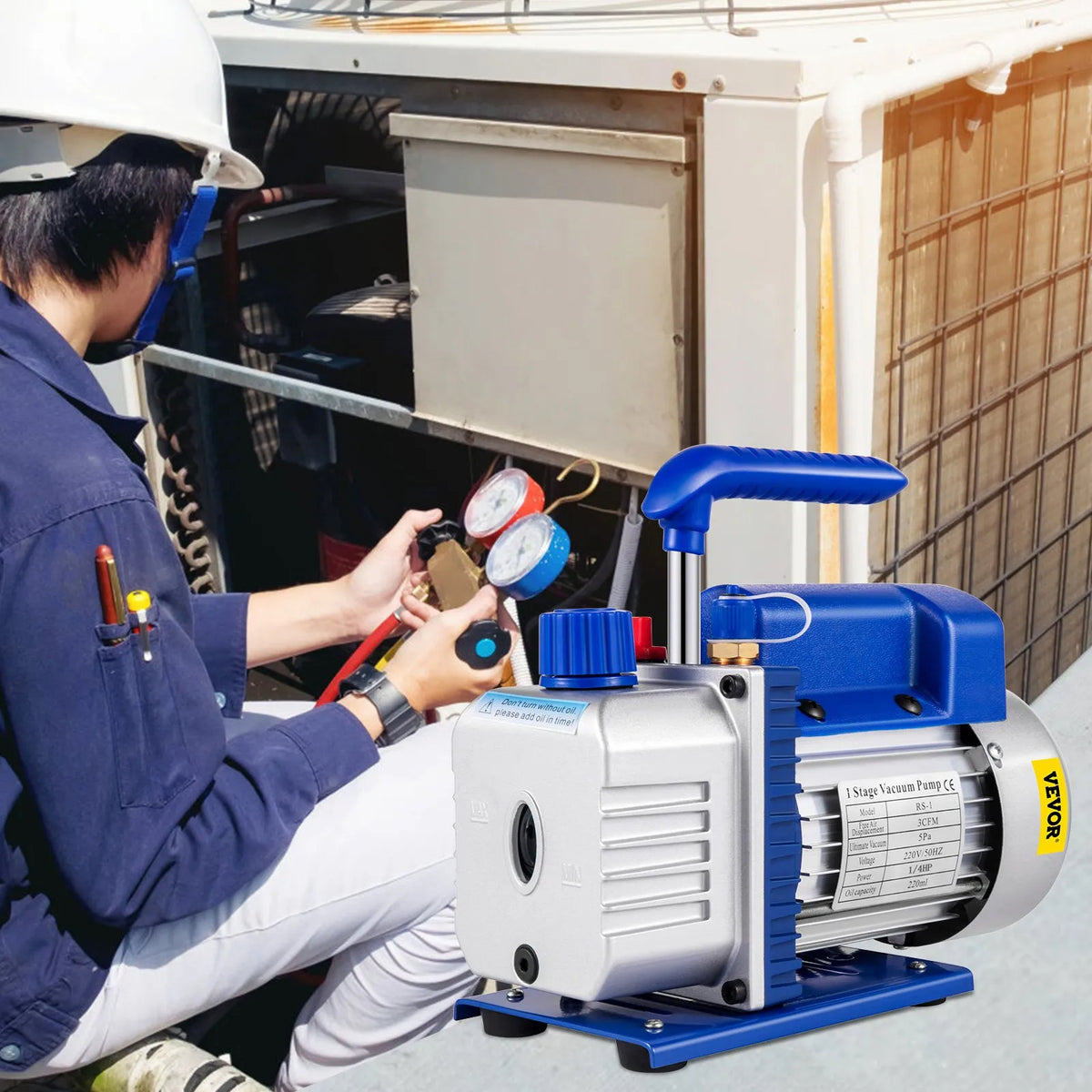 VEVOR Single-Stage Vacuum Pump 183 l/min (3 CFM), 246 W (1/3 HP) at 1440 RPM, Suitable for Evacuation and Refrigerants R12, R22 and R134a