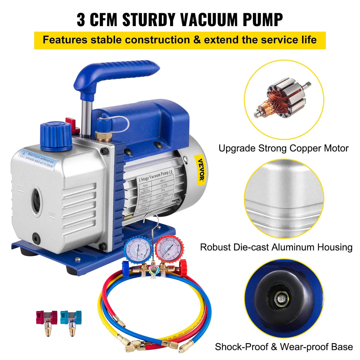 VEVOR 3 CFM 1/4 ZS Refrigerant Vacuum Pump Kit with 84 l/min Single-Stage HVAC Vacuum Pump and A/C Manifold Gauge Set