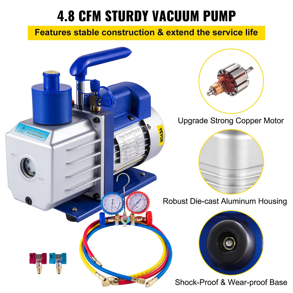 VEVOR HVAC Vacuum Pump Kit, Single-Stage AC Vacuum Pump 283 l/min, 0.25 kW Power, A/C Manifold Gauge Set with 3 Valves for Air Conditioning Equipment