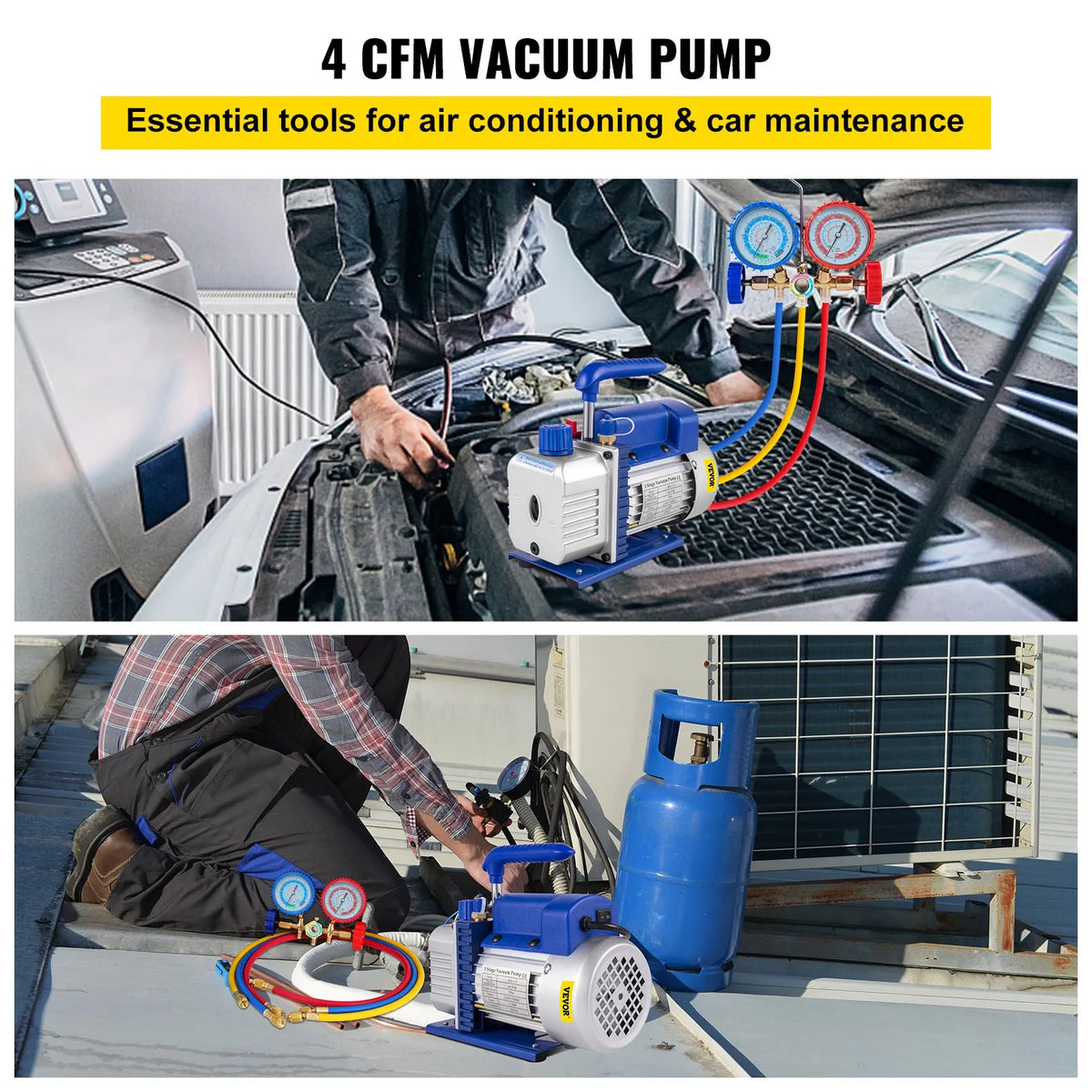 VEVOR vakuumsūknis HVAC un saldēšanas sistēmām, gaisa plūsma 233 l/min, jauda 0,25 kW (1/3 HP), piemērots R22, R12, R134a un R502, ar A/C adapteri