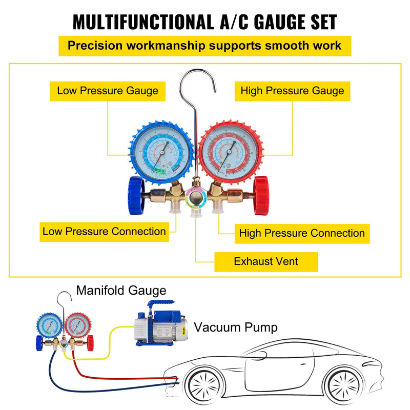 VEVOR vakuumsūknis HVAC un saldēšanas sistēmām, gaisa plūsma 233 l/min, jauda 0,25 kW (1/3 HP), piemērots R22, R12, R134a un R502, ar A/C adapteri