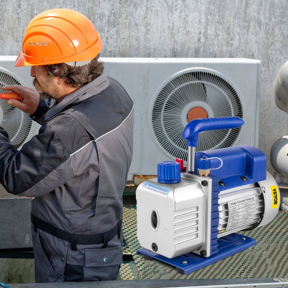 VEVOR vakuumsūknis HVAC un saldēšanas sistēmām, gaisa plūsma 233 l/min, jauda 0,25 kW (1/3 HP), piemērots R22, R12, R134a un R502, ar A/C adapteri