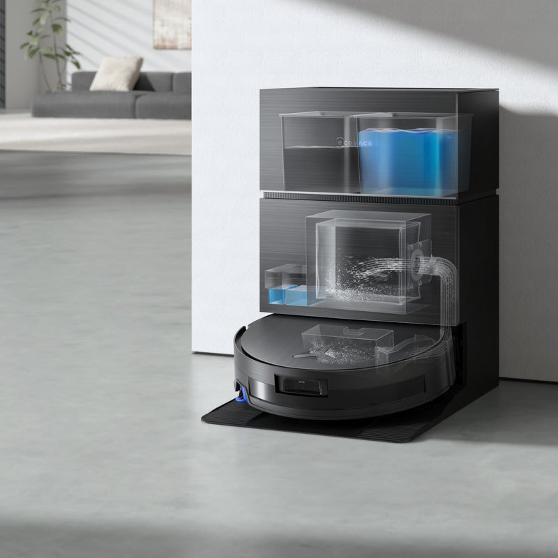 ECOVACS DEEBOT X11 PRO OMNI, melns robotizēts putekļsūcējs ar mitro un sauso uzkopšanu, 19 500 Pa, OZMO ROLLER 2.0, dToF LiDAR, AIVI 3D, 6400 mAh un automātisku mopu mazgāšanu