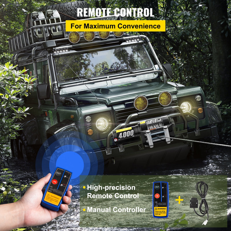 VEVOR 12 V elektriskā vinča, 1814 kg vilkšanas jauda, ar bezvadu tālvadības pulti un 10 m (32,8 ft) izturīgu tērauda trosi