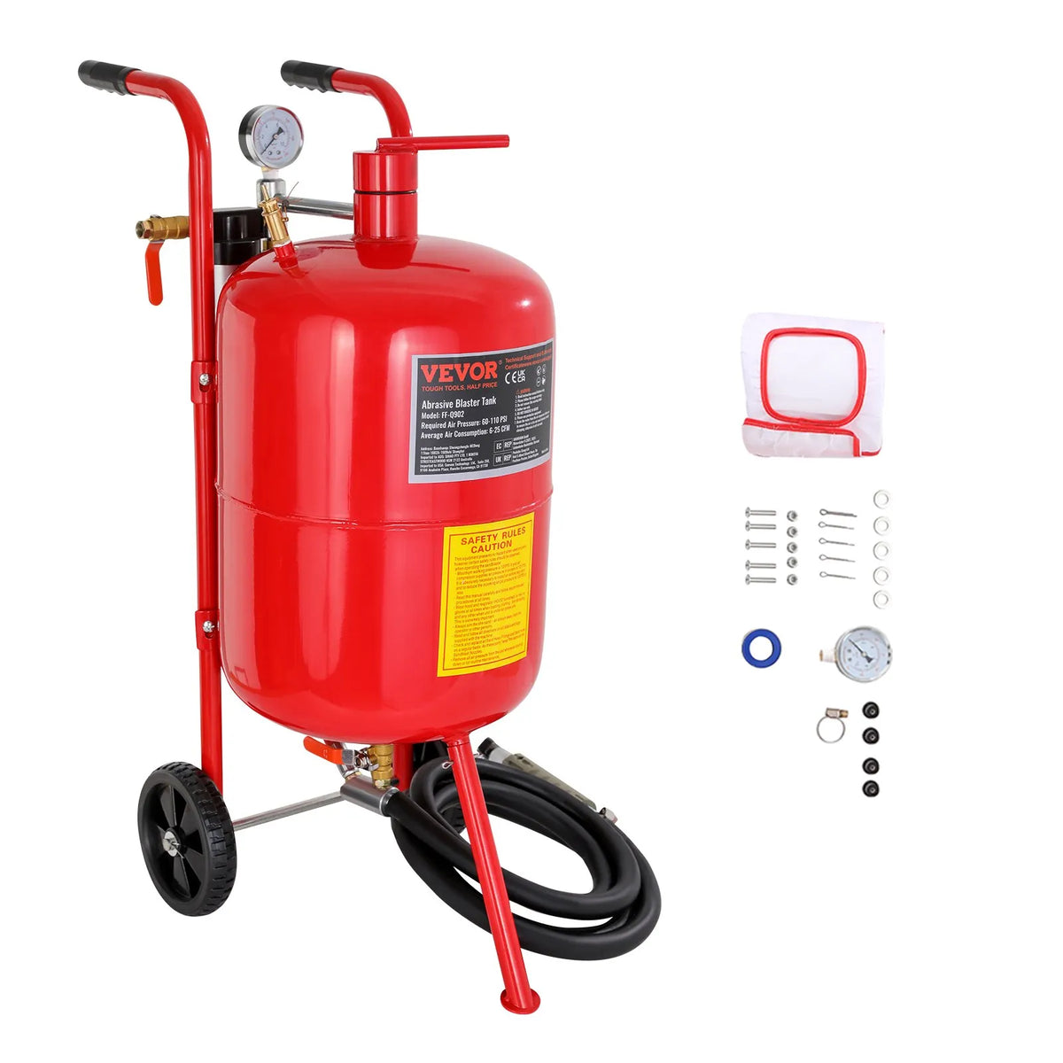 VEVOR 40 L mobilais smilšu strūklas aparāts ar spiediena manometru, sprauslas slēgvārstu, keramisko sprauslu, 2,5 m šļūteni, uzpildes piltuvi, ūdens separatoru un 150 mm gumijas riteņiem - ZEMLETES.LV