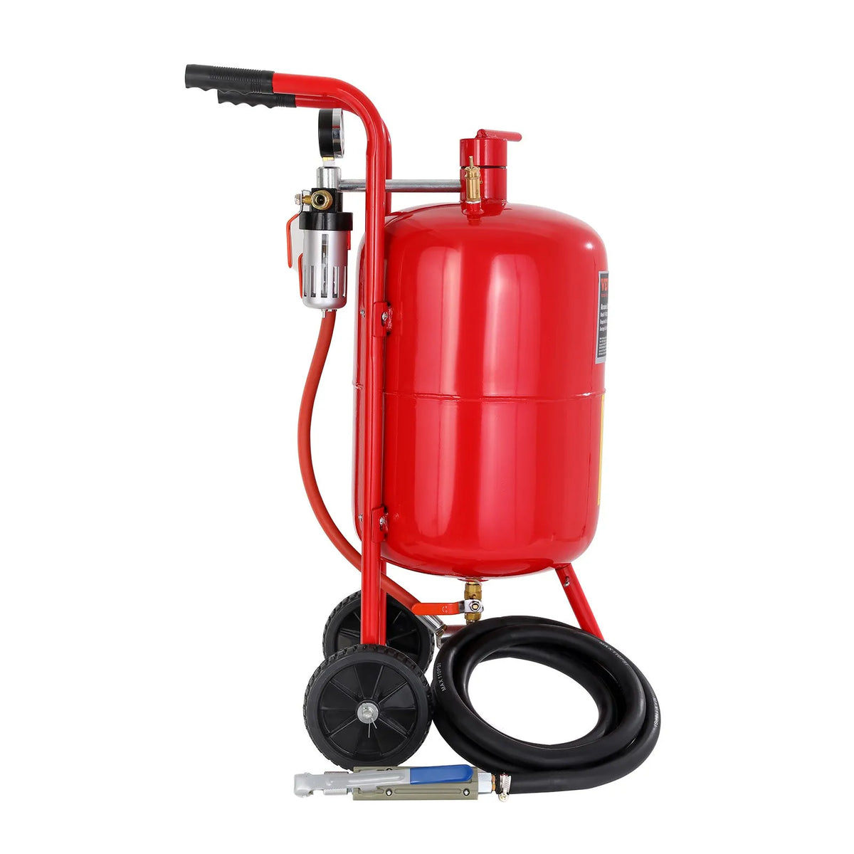 VEVOR 40 L mobilais smilšu strūklas aparāts ar spiediena manometru, sprauslas slēgvārstu, keramisko sprauslu, 2,5 m šļūteni, uzpildes piltuvi, ūdens separatoru un 150 mm gumijas riteņiem - ZEMLETES.LV