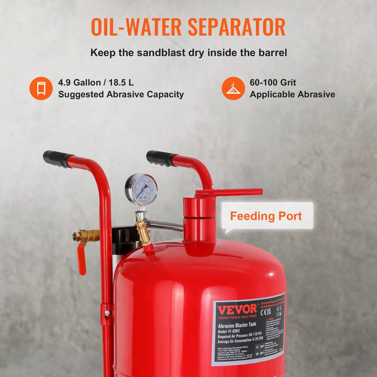 VEVOR 40 L mobilais smilšu strūklas aparāts ar spiediena manometru, sprauslas slēgvārstu, keramisko sprauslu, 2,5 m šļūteni, uzpildes piltuvi, ūdens separatoru un 150 mm gumijas riteņiem - ZEMLETES.LV