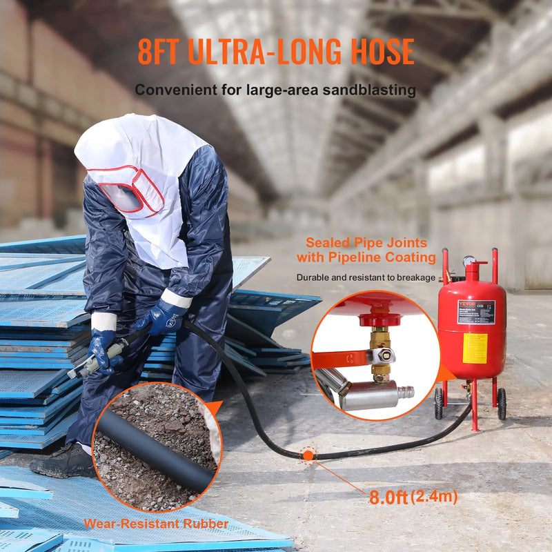 VEVOR 40 L mobilais smilšu strūklas aparāts ar spiediena manometru, sprauslas slēgvārstu, keramisko sprauslu, 2,5 m šļūteni, uzpildes piltuvi, ūdens separatoru un 150 mm gumijas riteņiem