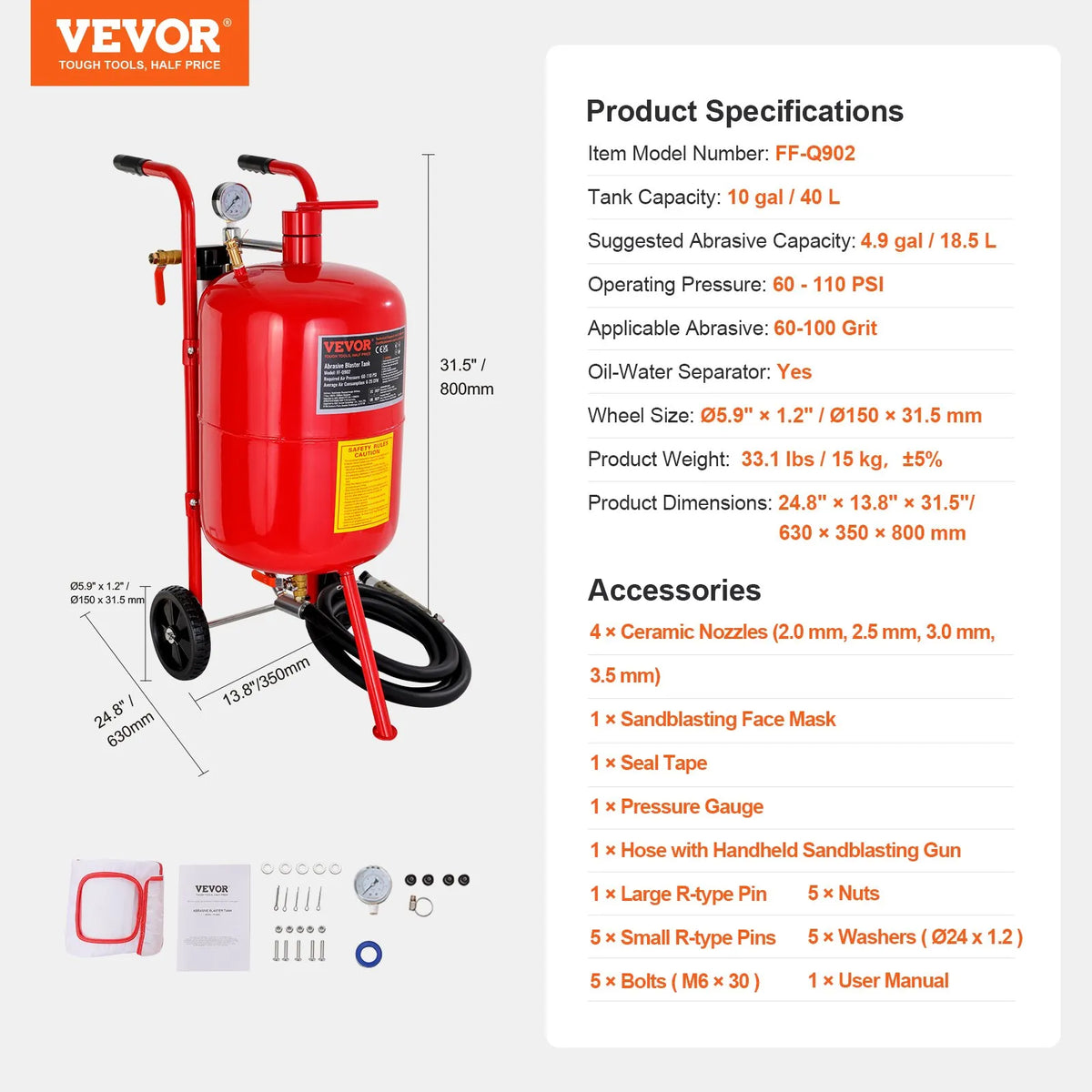 VEVOR 40 L mobilais smilšu strūklas aparāts ar spiediena manometru, sprauslas slēgvārstu, keramisko sprauslu, 2,5 m šļūteni, uzpildes piltuvi, ūdens separatoru un 150 mm gumijas riteņiem - ZEMLETES.LV