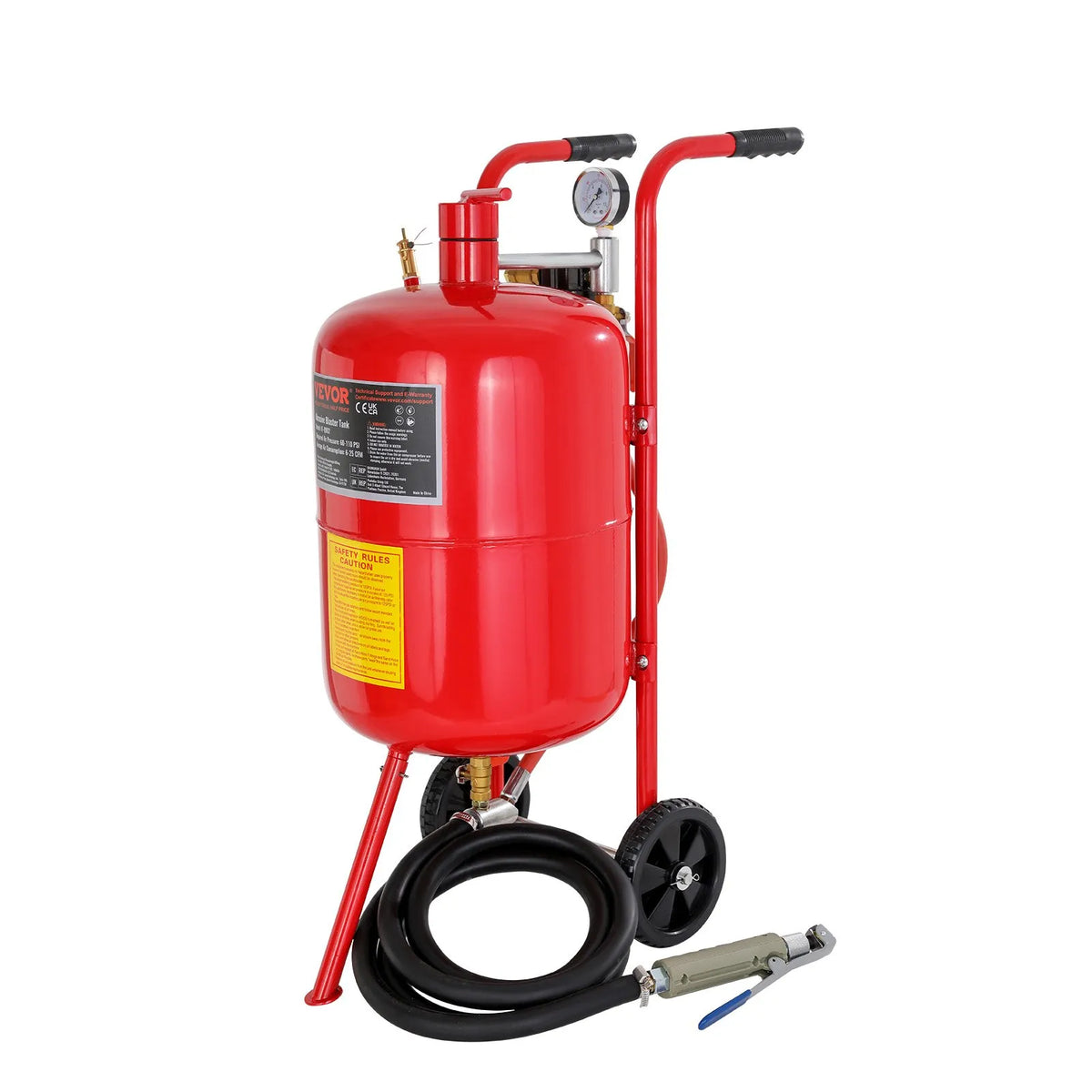 VEVOR 40 L mobilais smilšu strūklas aparāts ar spiediena manometru, sprauslas slēgvārstu, keramisko sprauslu, 2,5 m šļūteni, uzpildes piltuvi, ūdens separatoru un 150 mm gumijas riteņiem - ZEMLETES.LV