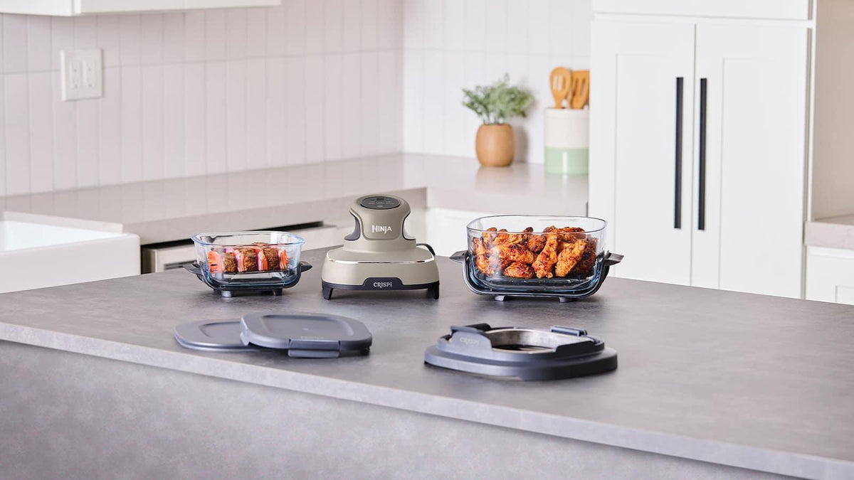Ninja CRISPi FN101EUST, 4-in-1 pārnēsājams stikla karstā gaisa friteris, 1700 W, 3,8 l un 1,4 l CleanCrisp tvertnes, Air Fry, Roast, Reheat, Keep Warm, bēšs