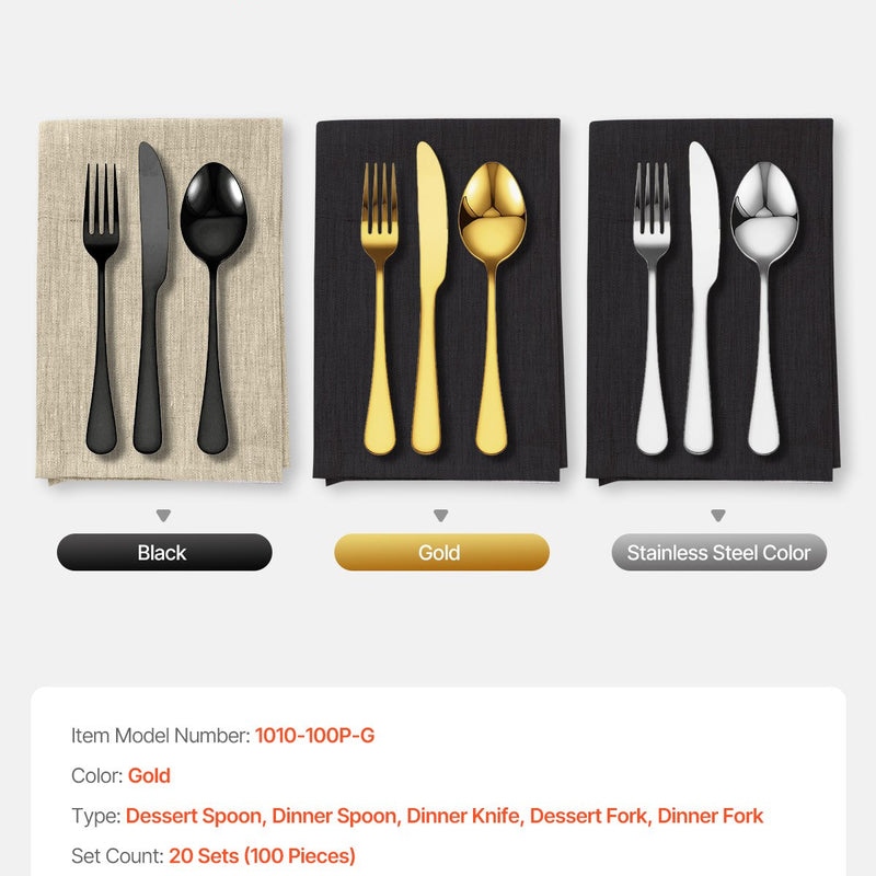 VEVOR 100 gab. galda piederumu komplekts - nerūsējošais tērauds, paredzēts 20 personām